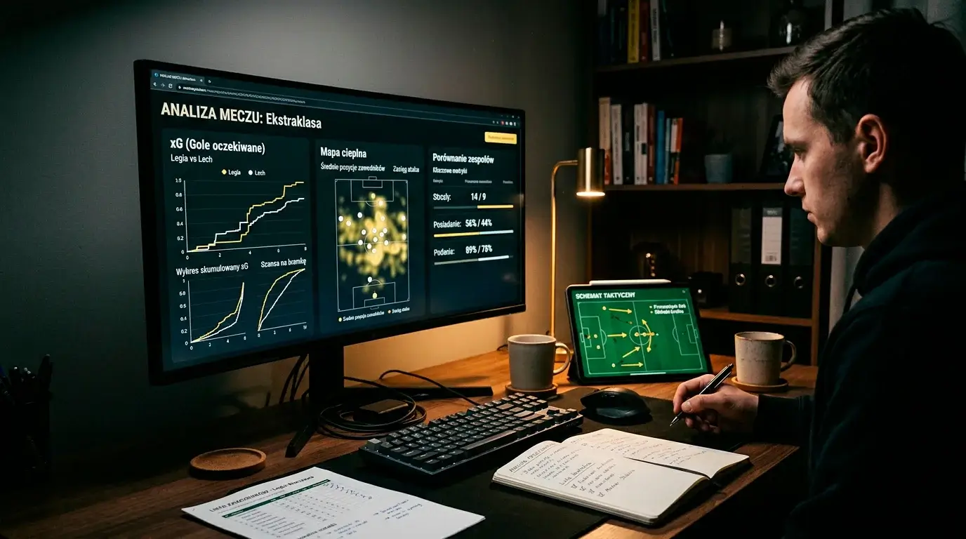 Analityk przeglądający statystyki meczowe i dane xG przed zakładem na Ligę Mistrzów