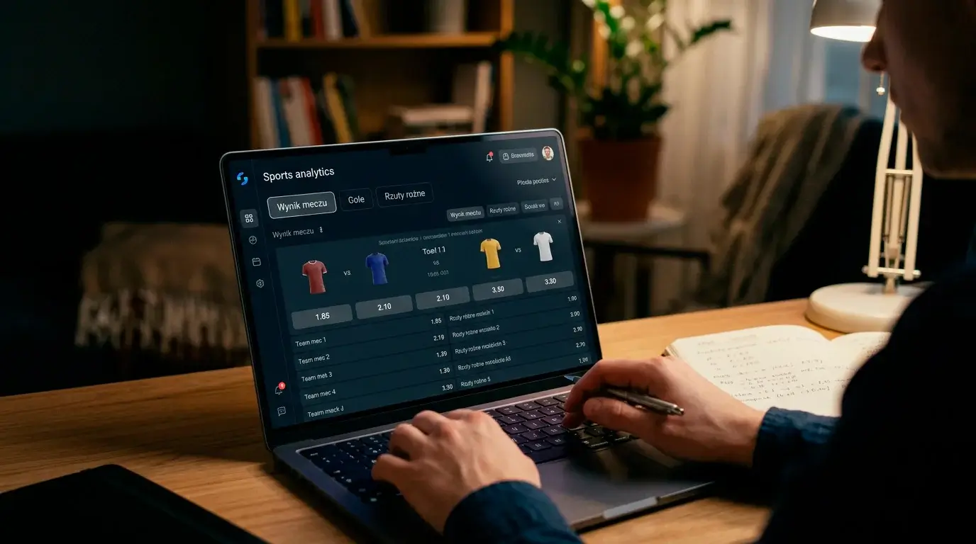 Ekran laptopa z różnymi typami zakładów bukmacherskich na mecz piłkarski